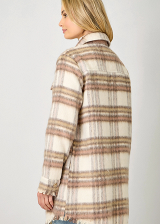 Mystree Fringe Detail Long Plaid Jacket