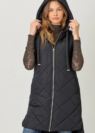 Mystree Quilted Puffer Long Hoodie Vest