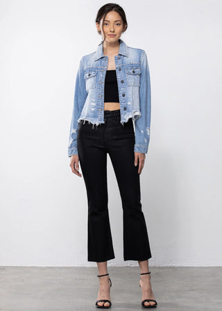 Hidden Frayed Collared Denim Jacket