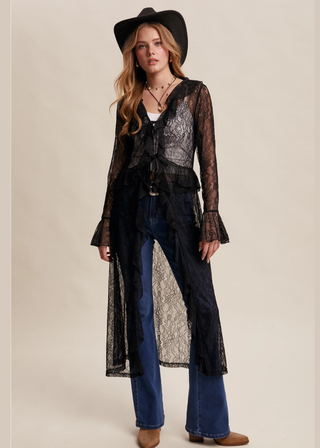 Listicle Sheer Lace Ruffle Duster