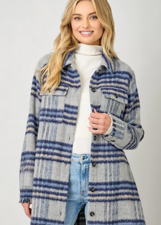 Mystree Fringe Detail Long Plaid Jacket