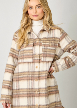 Mystree Fringe Detail Long Plaid Jacket