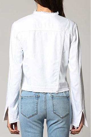 Hidden Collarless Frayed Denim Jacket - FS