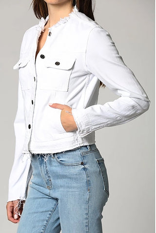 Hidden Collarless Frayed Denim Jacket - FS