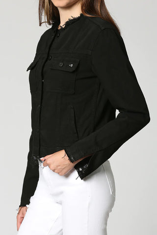 Hidden Collarless Frayed Denim Jacket - FS
