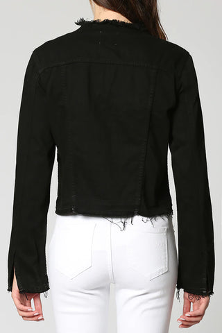 Hidden Collarless Frayed Denim Jacket - FS