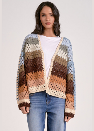 Elan Multi Stripe Crochet Sweater Cardigan