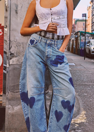 Tourtiwi Vintage Heart Pattern Loose Denim Wide Leg Pants