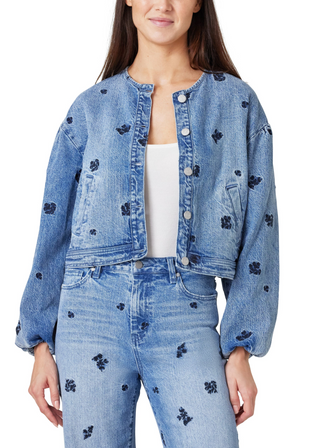 Habitual Collarless Cropped Floral Denim Jacket
