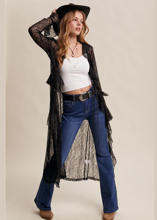 Listicle Sheer Lace Ruffle Duster