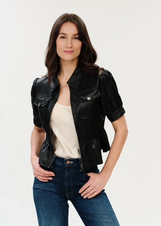 Six / Fifty Oxford Peplum 3/4 Sleeve Faux Leather Jacket