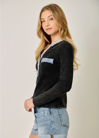 Mystree Denim Mixed Henley Top