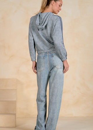 Elan Faux Denim Bomber Jacket