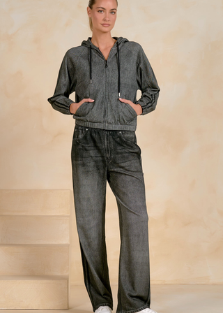 Elan Faux Denim Bomber Jacket