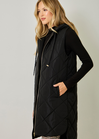 Mystree Quilted Long Hooded Vest