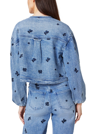 Habitual Collarless Cropped Floral Denim Jacket