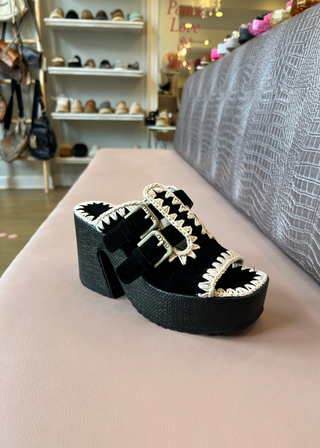 MOU Raffia Platform Two Buckles Heel