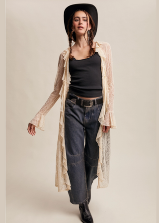 Listicle Sheer Lace Ruffle Duster