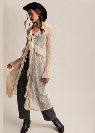 Listicle Sheer Lace Ruffle Duster