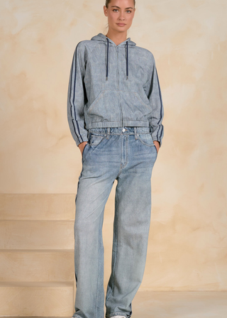 Elan Faux Denim Bomber Jacket