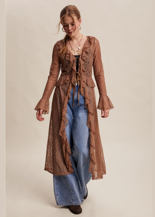 Listicle Sheer Lace Ruffle Duster