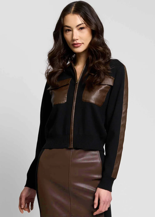 Central Park West Avery Leather Combo Zip Up Sweater