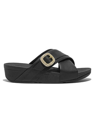 FitFlop Lulu Crystal-Buckle Leather Cross Slides