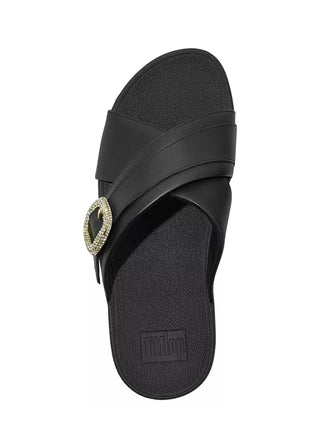 FitFlop Lulu Crystal-Buckle Leather Cross Slides