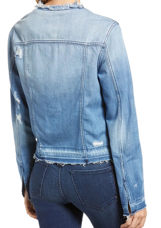 Hidden Collarless Frayed Denim Jacket