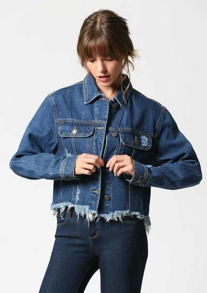 Hidden Frayed Collared Denim Jacket