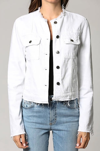 Hidden Collarless Frayed Denim Jacket